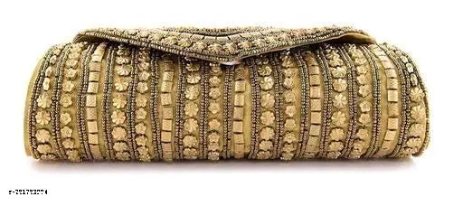 Gold sequined fabric, embroidered borders, clutched, large