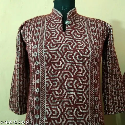 Maroon wool three-quarter sleeve printed combo set M (size: 38in bust, 40in length), Indian crafted fashion