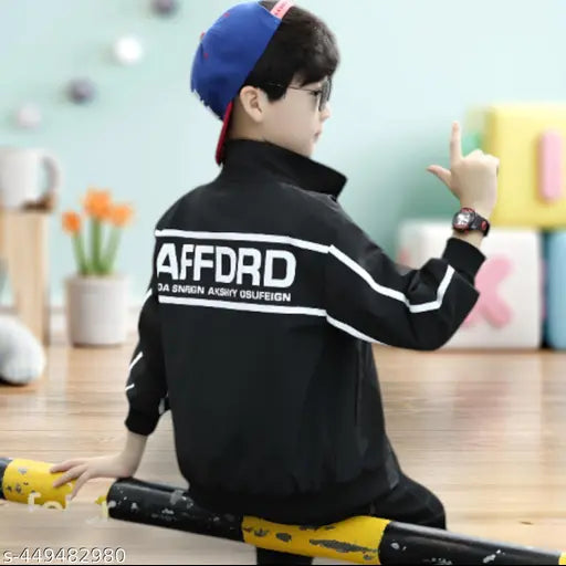 Boys stylish print jacket, black with white design, hoodie style