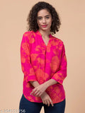 Fuchsia pink floral rayon slub sleeve top with 3/4 sleeves, vibrant print, pleated front, and country of origin: India