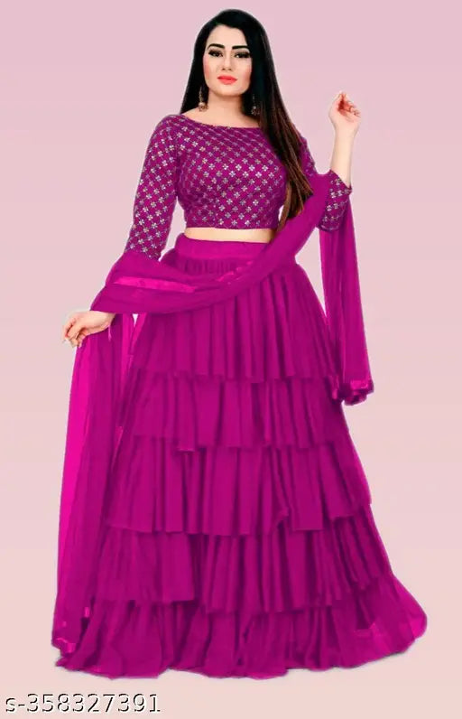 Silk blend ruffled embroidered lehenga choli with net dupatta, semi-stitched. Indian handcrafted ruffle fancy women's traditional wear for special occasions