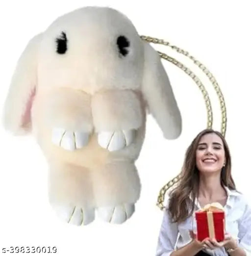 Soft, fluffy bunny-shaped sling bag with a chain and smooth zipper for girls