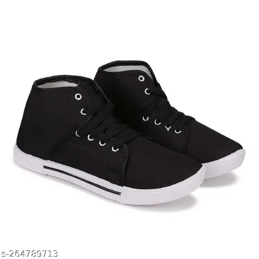 Black sneakers with white laces, casual style, high-quality sole