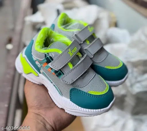 Gray and blue kids shoes with Velcro straps