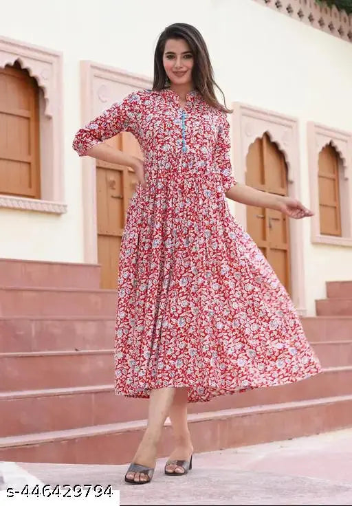 Rayon Anarkali Jaipur Kurti, printed with traditional Sanganeri motifs, three-quarter sleeves
