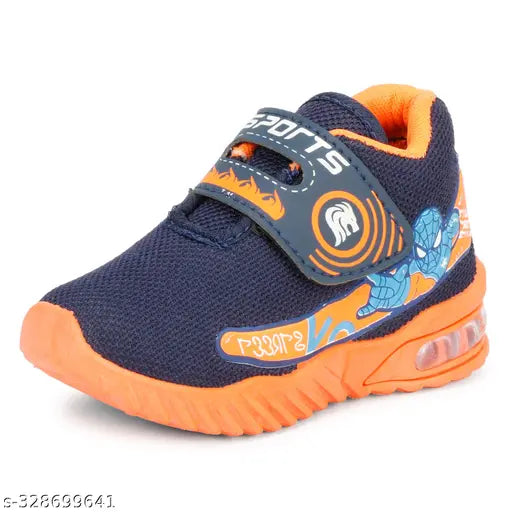 Kid's shoe with spider light up design, orange strap, black upper, blue outsole