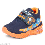 Kid's shoe with spider light up design, orange strap, black upper, blue outsole
