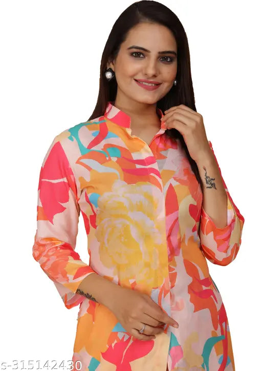 Cream and peach rayon CoOrd set090: Printed kurta with bottomwear, three-quarter sleeves, trendy design. Pack of 2, suitable for various occasions