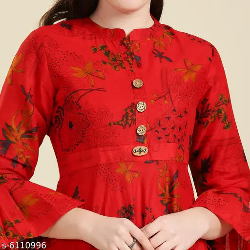 Red rayon Anarkali-style kurta with floral print, 3/4 sleeves, and high neck – ideal for Indian women's fashion. Kurti available in XL and XXXL sizes