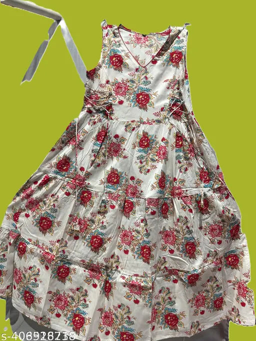 Sleeveless Indo-Western partywear gown, cotton print combo for engagement or wedding. Available in sizes S-XL, Indian silk and cotton blend