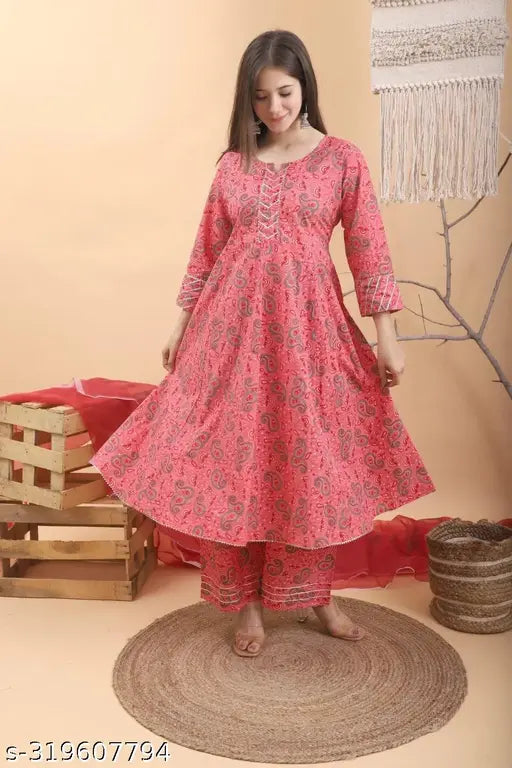 Red rayon printed flared anarkali kurti