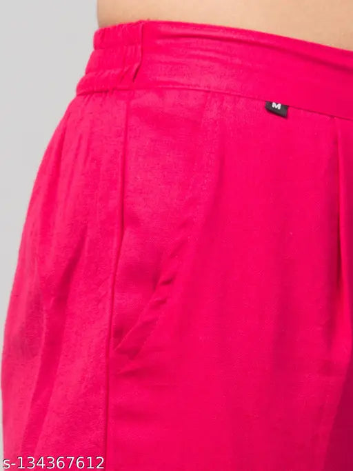 Pink cotton women's regular fit casual pants with double pockets