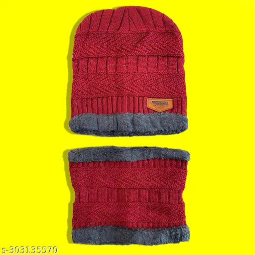 Maroon snow proof woolen winter cap & neck warmer muffler - self-design balaclava hat, ideal for men & women's outdoor activities (India)