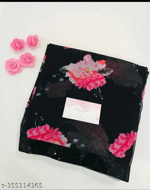 Black and pink floral saree with tag