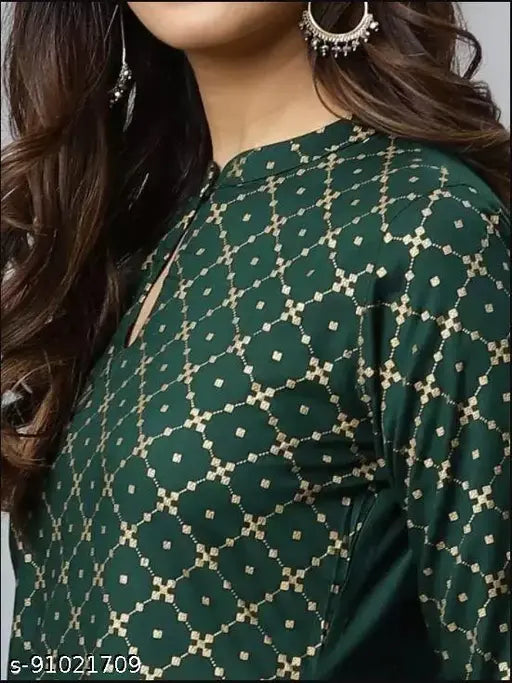 Rayon green women's kurta set with palazzos, three-quarter sleeves, printed pattern - Adrika Attractive rayon on fashionable model