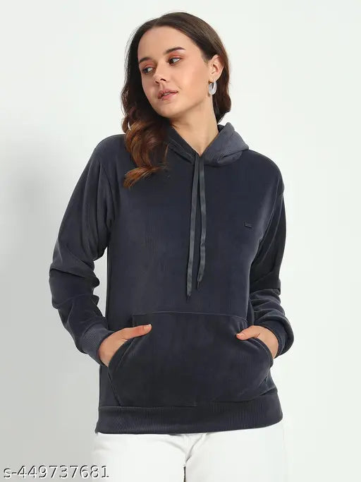 Grey corduroy unisex kangaroo pocket hoodie with drawstring, velvet sleeves and relaxed fit - Made in India