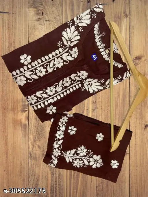 Embroidered rayon Chikankari work kurti with palazzo set, traditional wear in three-quarter sleeves, India origin