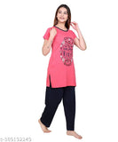 Printed polyester night suit with short sleeves, suitable for lounge wear, gymwear, and housewear. VRINDA branded Indian summer clothing