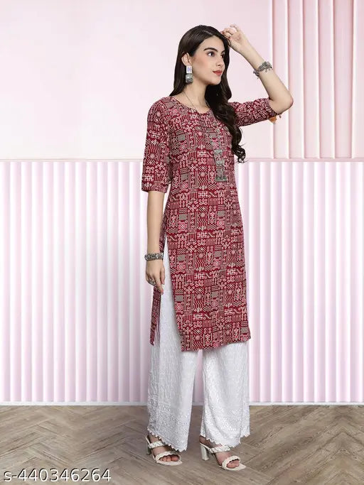Printed crepe women's kurti with three-quarter sleeves and palazzo bottom, Indian origin, casual wear under 249