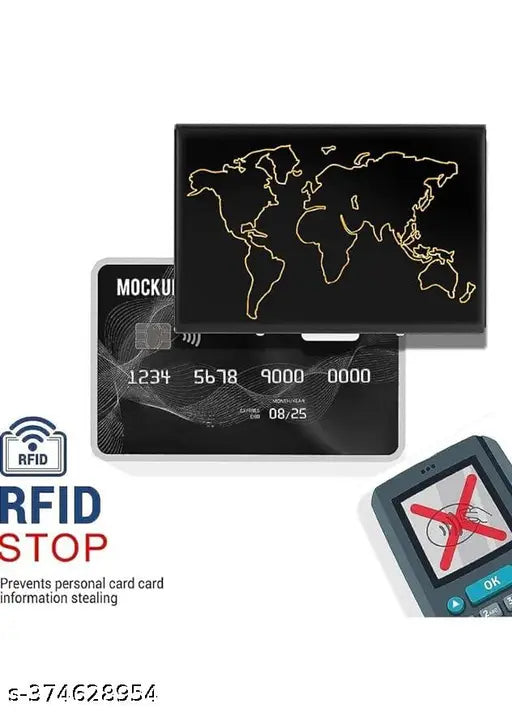 Black stainless steel RFID protector debit/credit ATM card holder wallet (Black), durable, compact, RFID blocking technology, protects identity, fits 8 cards, one-hand use, origin: India