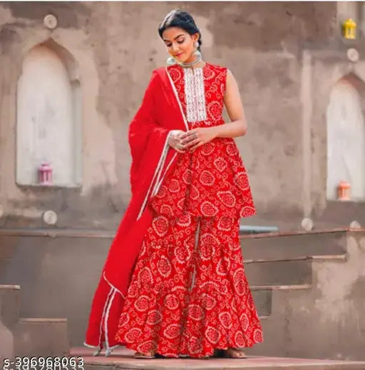 Diwali2024 Special SelfGift ZestLeaf Red Rayon Blend Printed Kurta Sharara Set - Elegance Redefined, sleeveless & amrodery work, India-made