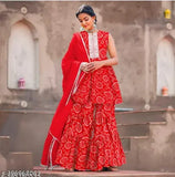 Diwali2024 Special SelfGift ZestLeaf Red Rayon Blend Printed Kurta Sharara Set - Elegance Redefined, sleeveless & amrodery work, India-made