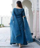 A model in a fashionable kurta, blue rayon fabric with embroidery detailing