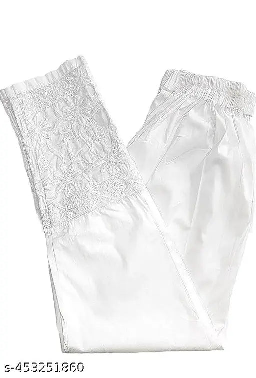White embroidered net cotton pant for women, India-origin, one pocket, elastic waist