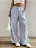 Blue cotton blend wide-leg denim with stripes pattern (39" inch full length), mid rise, elastic waistband. Perfect for casual, formal, office, daily wear, or party occasions
