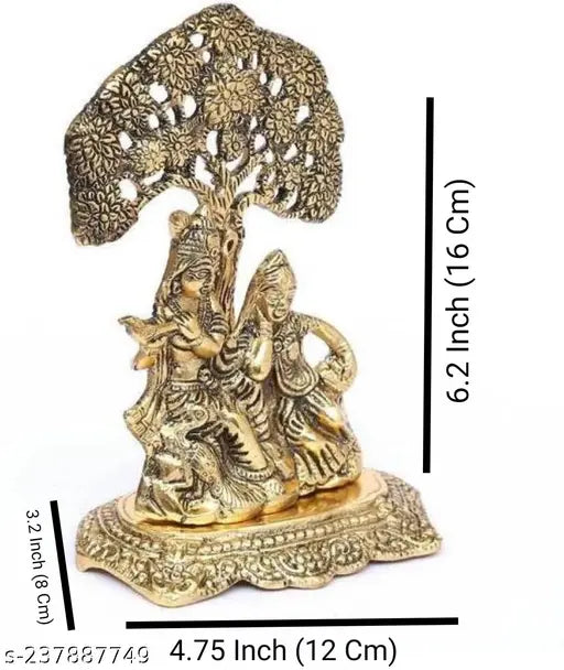 Metal Radha Krishna sitting under tree idol, 18cm aluminium gold black - ethnic Indian religious home decor showpiece