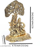 Metal Radha Krishna sitting under tree idol, 18cm aluminium gold black - ethnic Indian religious home decor showpiece