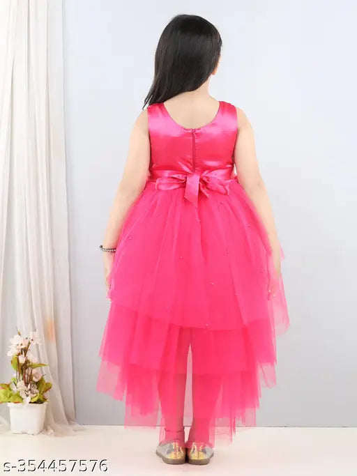 Pink net high-low party dress for kids embellished with toy balloons, sleeveless design on a size 1-2 years, made in India