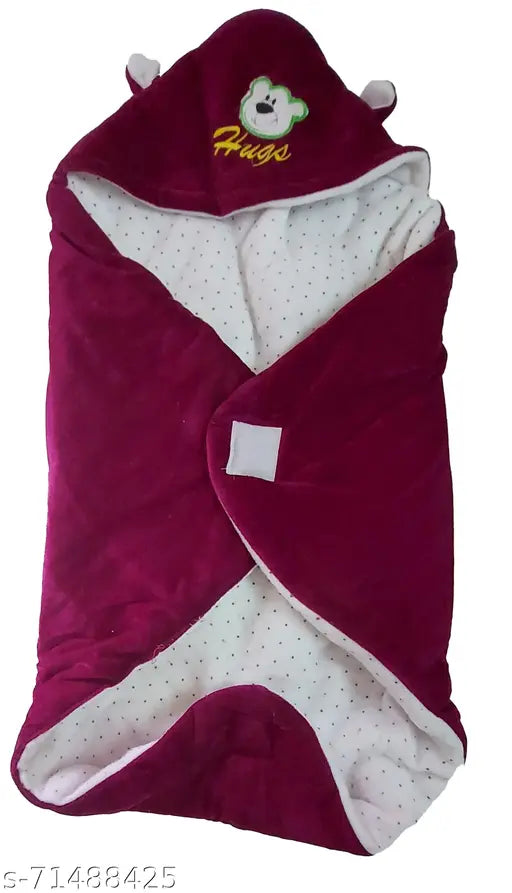 Purple cotton hooded baby blanket with bone border and embroidery, classic design for newborns, India origin