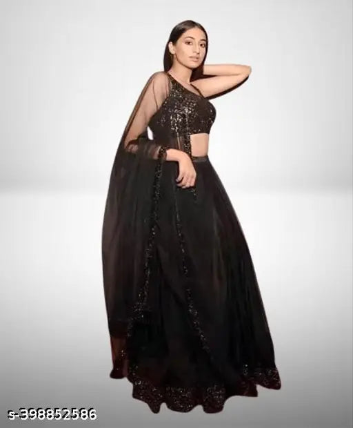 Black velvet and net Lehenga Choli set with blouse and dupatta, embellished top, solid dupatta and solid bottom, party wear Indian indo-western design