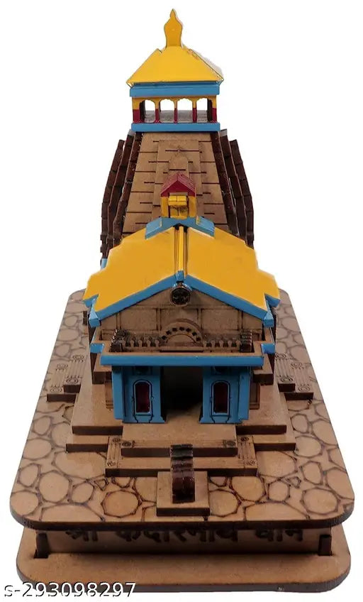 Hand-painted pine wood shrine model of Kedarnathji Temple, Indian art for home office or car dashboard, 9x55x10 cm