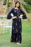 Dark blue rayon kameez with gold print, mid-length sleeves, long hemline, and elasticized waistband