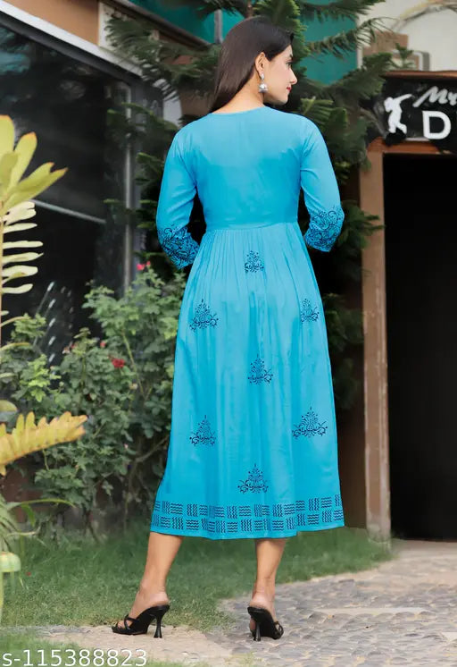 Women's sky blue rayon anarkali kameez with intricate block print details