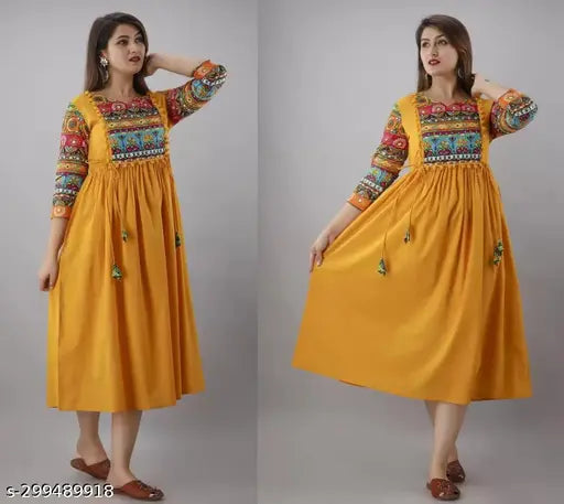 Yellow rayon print anarkali kameez with embroidered borders