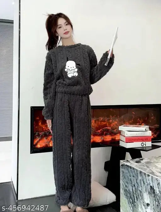 Woolen grey fleece winter night suit set for women, includes jacket and pants, free size 26-34, pack of 1