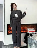 Woolen grey fleece winter night suit set for women, includes jacket and pants, free size 26-34, pack of 1