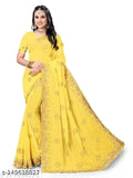 Yellow georgette sari with gold border and pallu
