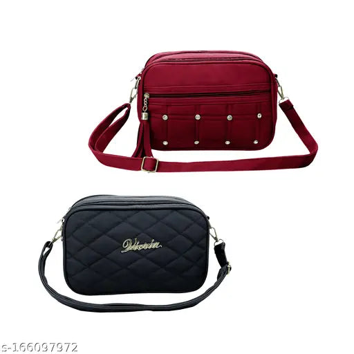 Maroon satin sling bag with zip closure, matching wristlet