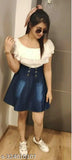 Denim mix Georgette middy dress for girls, solid pattern, short sleeves, 10-11 years size