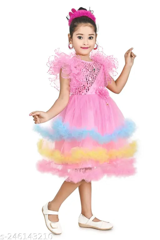 Pink tulle princess dress with ruffles, sleeves, and a flared skirt