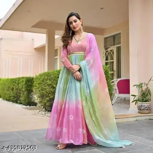 Women's georgette sari with dupatta, dyed/washed net, long sleeves, available in S, M, L, XL, XXL. Indian traditional outfit on mannequin