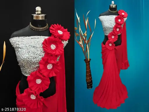 Red embroidered party saree with 2 blouses, sequined border