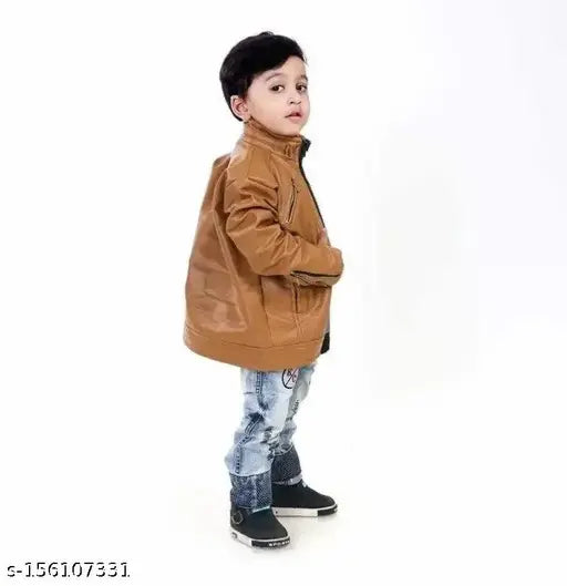 Zip-Front Bomber Jacket Kids Leather Blend Winter Wear Full-Sleeves Jackets For Baby Boys
