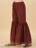 Ethnic women's outfit set, includes embroidered kurta with ruffled sleeves and flared pants in patterned fabric