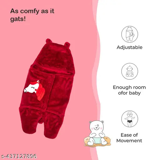 Maroon Unicorn Fur AC Blanket for Kids, soft, lightweight, and warm single hooded baby wrap with animal print embroidery