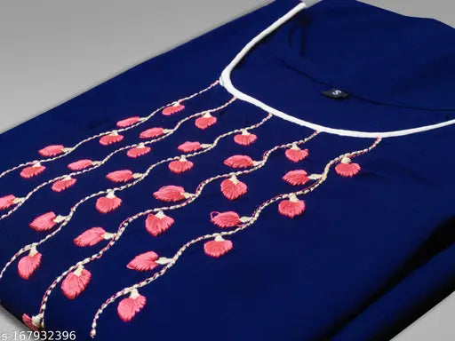 Navy Blue Embroidered Rayon Short-Sleeve Kurti by Kapadia, perfect for festive and party wear